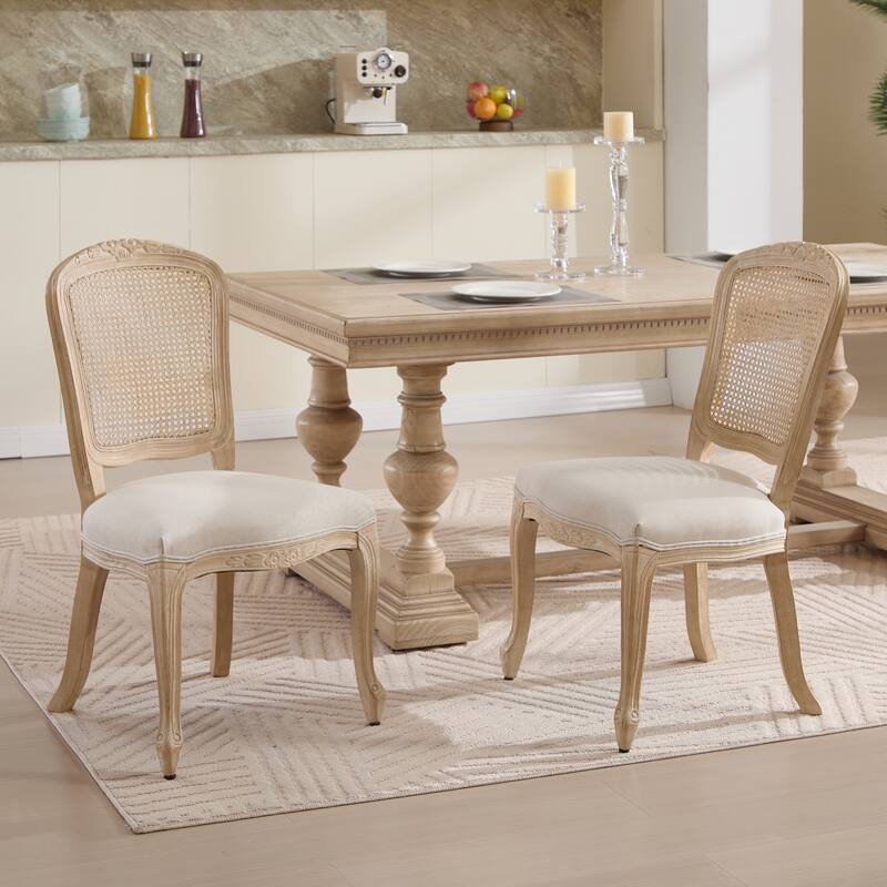 Dining Chairs Set of 2,Upholstered Chairs with Nature Rattan Fan-shaped Back,Wire Drawing And Carving Techniques,Disassemblable