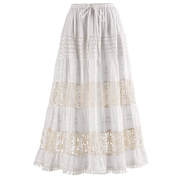 Women's White Lacy Lined Maxi Skirt - 36" Long - Elastic Drawstring Waist