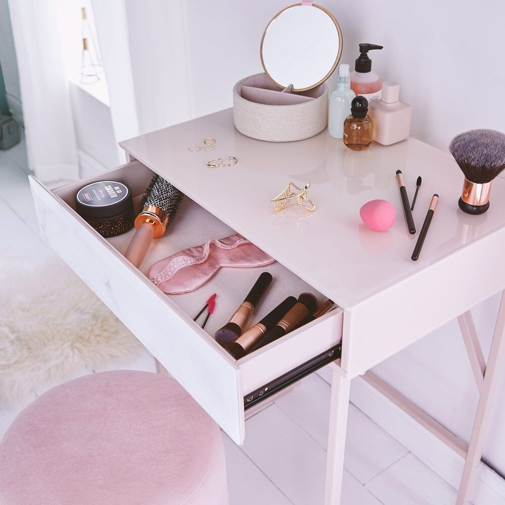 Tempered Glass Dressing Table with Marble Pattern and Metal Frame - N/A -  Bed Bath & Beyond - 39175133