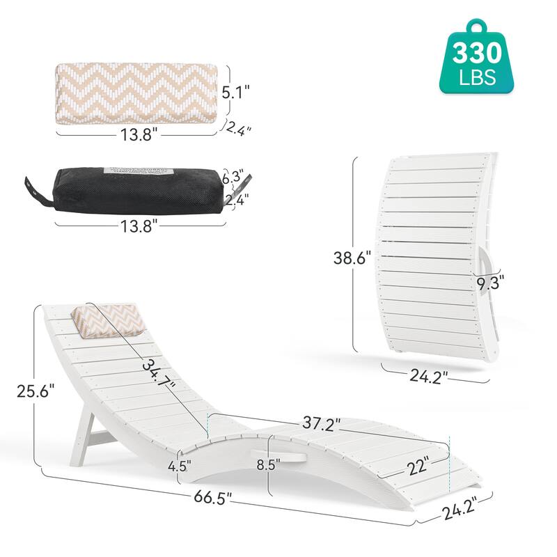 2-Piece Folding HDPS Plastic Outdoor Pool Chaise Lounges with Headrest Cushion