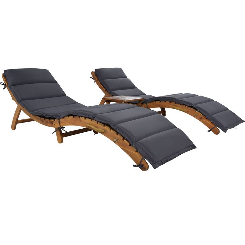 Outdoor Patio Wood Portable Extended Chaise Lounge Set with Foldable
