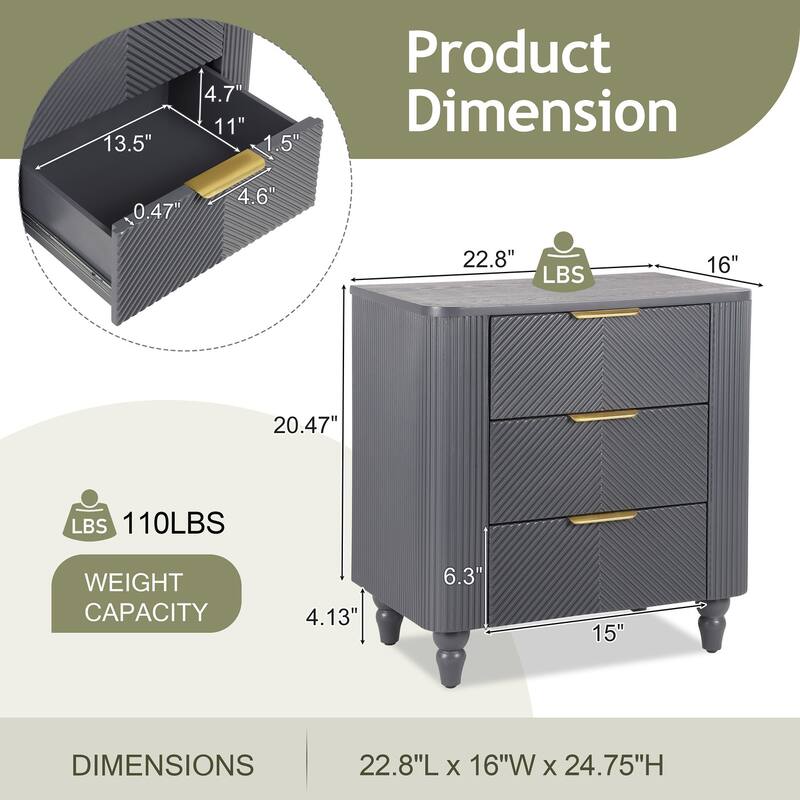 22.8 in Mid-Century Fluted three Drawers Nightstand