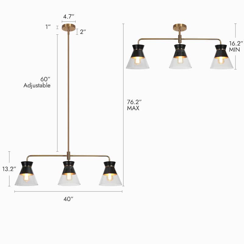 Modern 3-Light Black Gold Chandelier Kitchen Island Linear Bowl-Shaped Glass Pendant Lights for Dining Room - 40 x 8.5 x 13.2