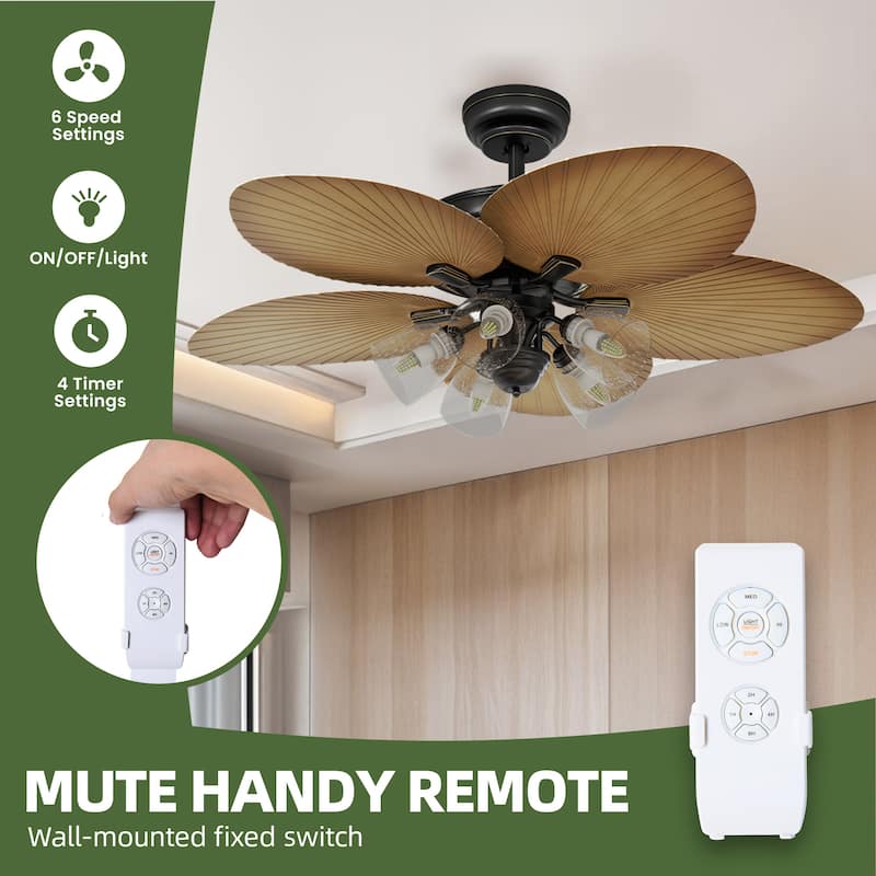 Moasis Tropical Ceiling Fans with Light and Remote, 52 Inch Palm Leaf Fanlight with Clear Seeded Glass Light Kit