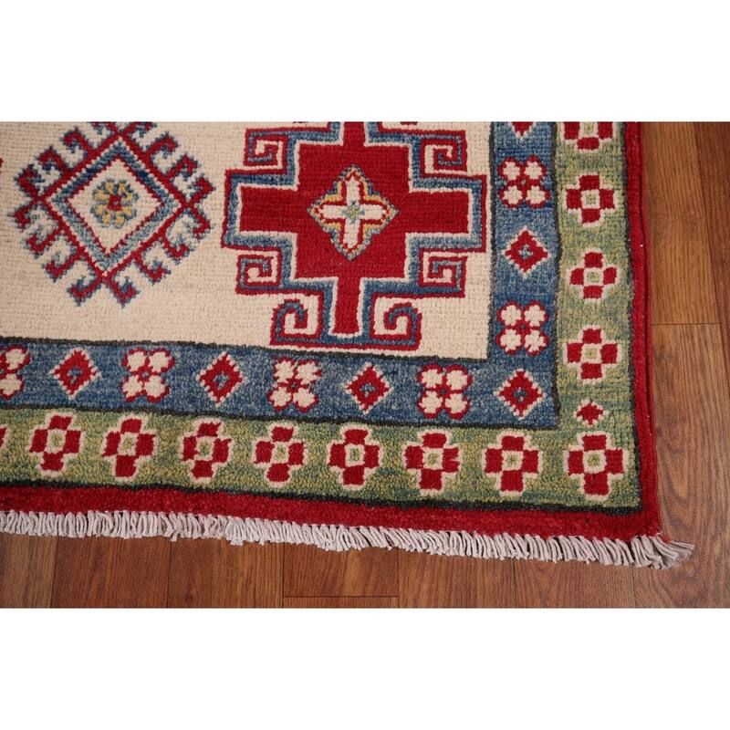 Red Geometric Kazak Oriental Area Rug Hand-Knotted Wool Carpet - 8'1" x 11'0"