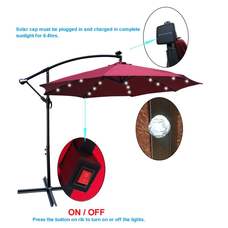 10 ft Solar Powered LED Patio Umbrella with Crank, Waterproof Canopy, and Cross Base for Outdoor Use