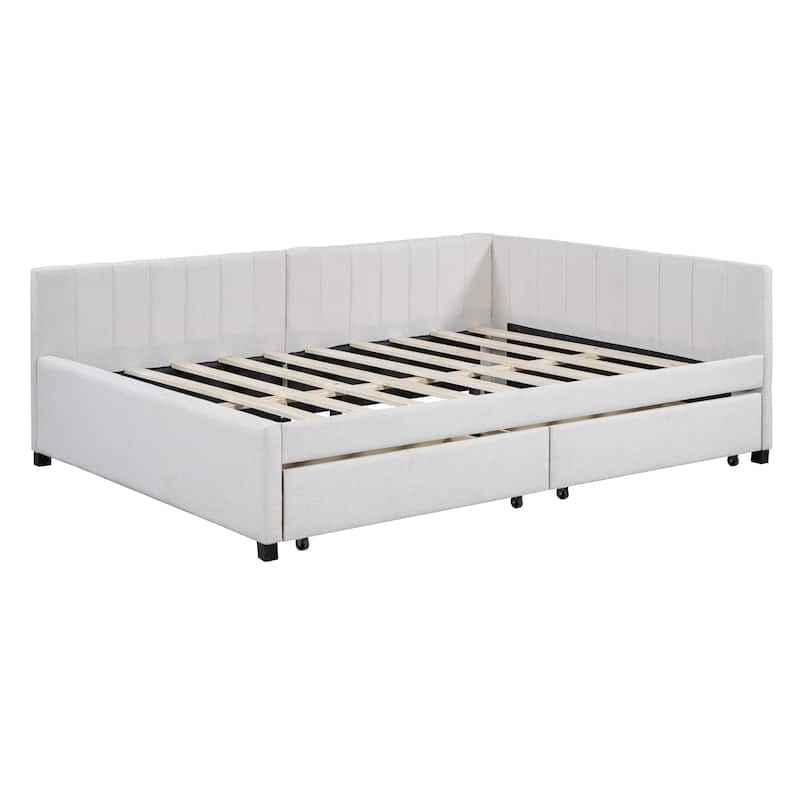 Beige Full Size Upholstered Daybed with Storage Drawers