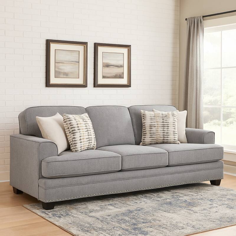 Brady Sofa with 4 Pillows, Gray Chenille, Nailhead Trim, 92 Inch
