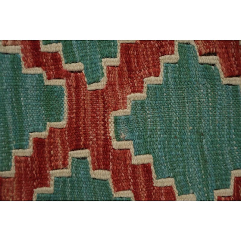 Hand Woven Oriental 100% Wool Carpet Southwestern All-Over Green Kilim Runner Rug - 9' 8'' X 2' 7''