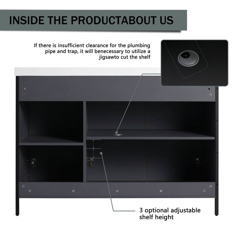 59-inch Double Sink Bathroom Vanity with Adjustable Shelves, Soft-Close Hinges, Resin Basin