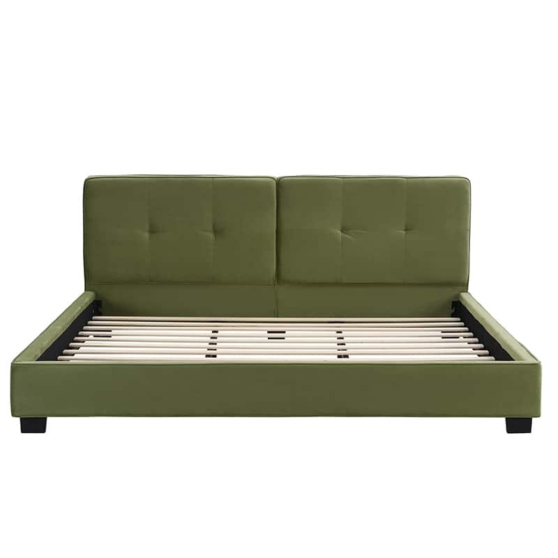 King Size Velvet Bed Frames, Upholstered Platform Bed with Curved Tufted Headboard, Soft Square Corners, Olive Green