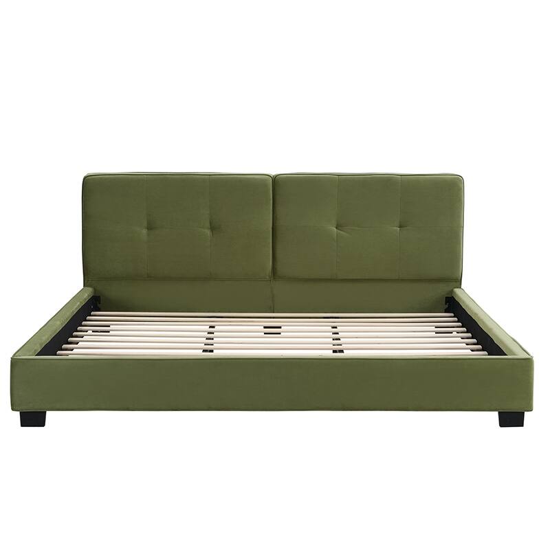 Oliver Green Velvet Upholstered Bed Frame, King Size Grounded Bed with Curved Tufted Headboard, Soft Square Corners Wingback Bed