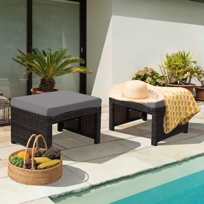 2 Pieces Cushioned Patio Rattan Ottoman Foot Rest-Gray - 19.5" x 15.5" x 13" (L x W x H)