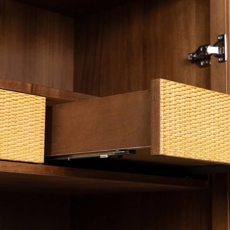 Nuvon Walnut-Finished Acacia Wood Cabinet with Double Glass Doors