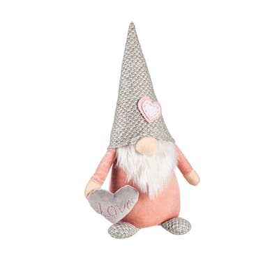 13" Fabric Pink and Grey Gnome with Heart Valentine's Day Table Decor
