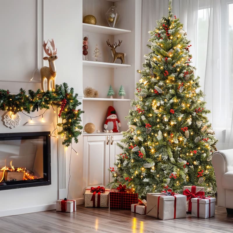 6/7.5/9 FT Pre-Lit Frosted Pine Artificial Christmas Tree with LED Lights - 9 Foot