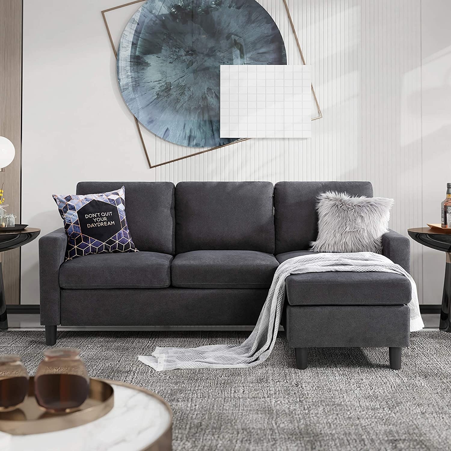 Dark Grey L-Shaped Couch with Modern Linen Fabric for Small Space Convertible Sectional Sofa Couch with Reversible Chaise