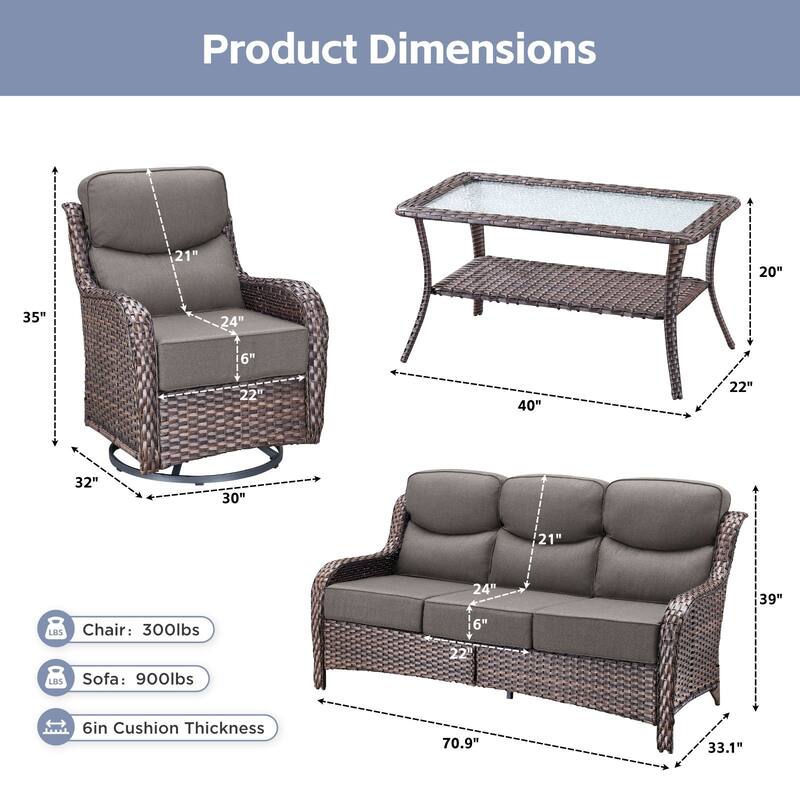 Arcadia 4-Piece Wicker Patio Conversation Set with Swivel Gliders and 6-Inch Thick Olefin Cushions