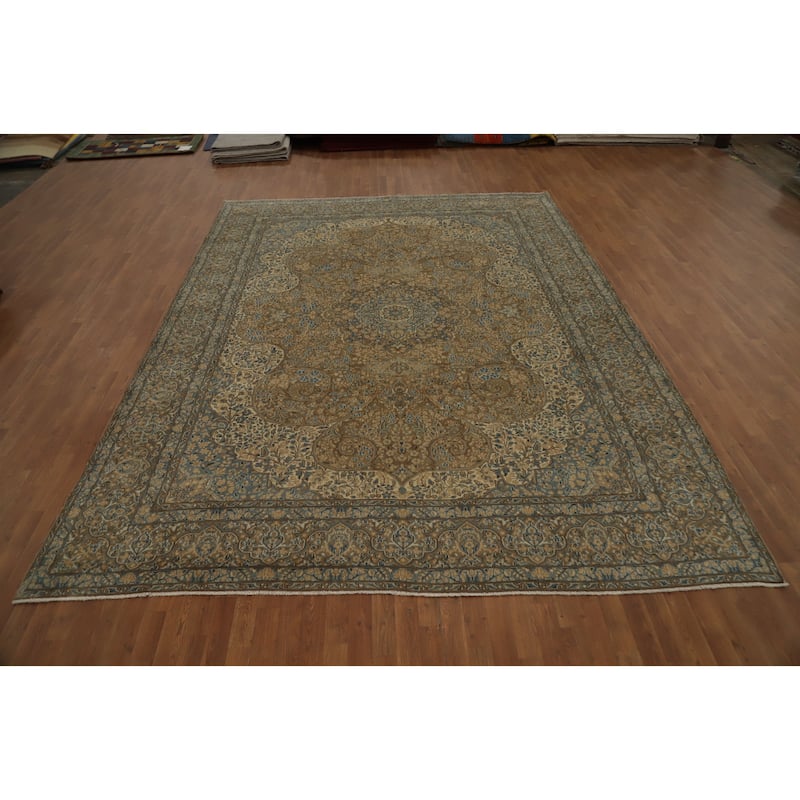 Hand Knotted Oriental 100% Wool Carpet Traditional Floral Brown Kerman Area Rug - 12' 11'' X 9' 7''