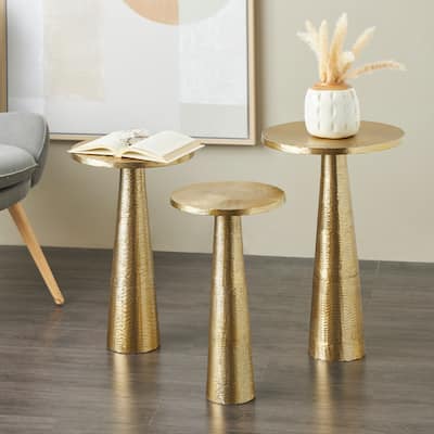 Gold or Silver Aluminum Metal Textured Accent Table with Hammered Cone Shaped Bases (Set of 3)