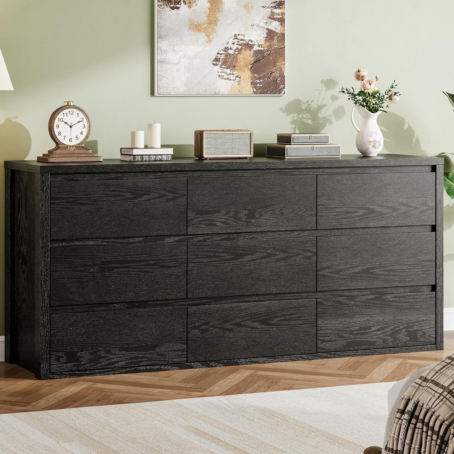 Rustic Farmhouse 9 Dresser for Bedroom, Wooden Drawer Dresser, Handle-Free Storage Cabinet with Drawers