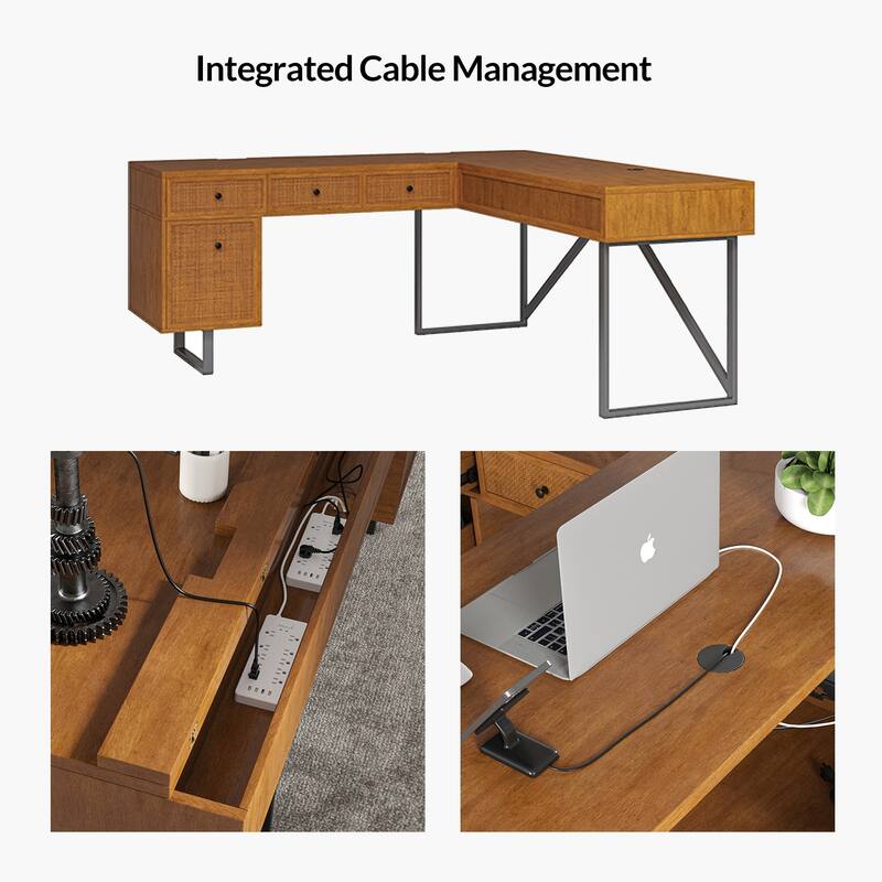 Alfons Industrial L-shaped Lift Top Cane Executive Office Desk with Drawers and Built-In Outlets by HULALA HOME