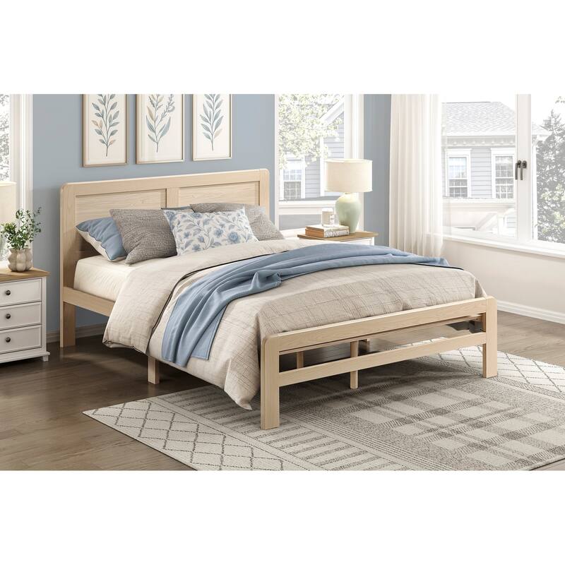 Contemporary Natural Finish Full Size Platform Bed Frame with Headboard, No Box Spring Needed