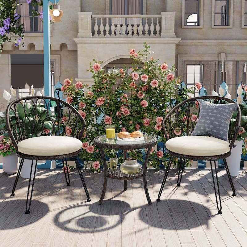Modern Outdoor Rattan Single Chairs with A Glass Round Table(Set of 2) - Black