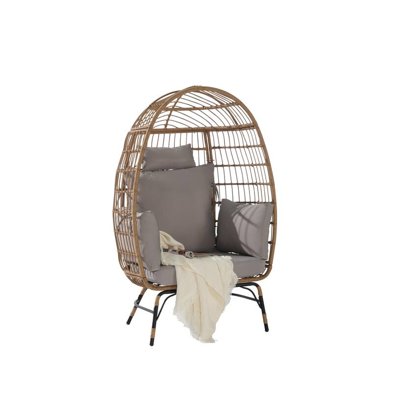 GDFStudio- Serena Oversized Wicker Egg Chair with Cushion and Pillow for Porch, Backyard, or Balcony
