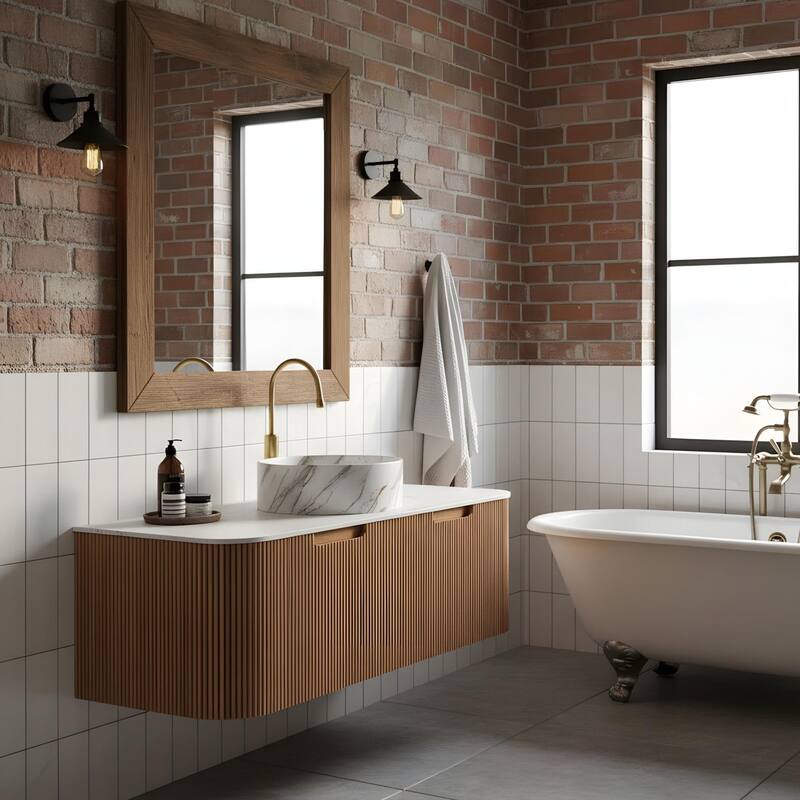 Floating Bathroom with Round Ceramic Basin and Storage Drawer