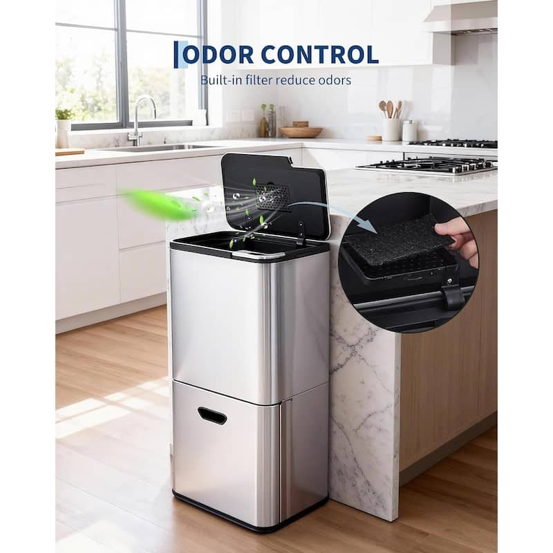 16-Gallon Dual Compartment Stainless Steel Trash and Recycle Bin with Odor Filter and Removable Buckets Silver