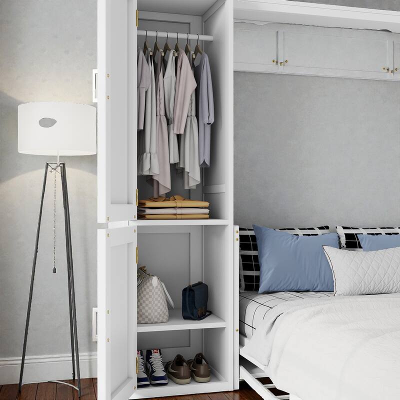 Queen Murphy Bed with Wardrobe and Desk, Space-Saving Wall Bed with Gas Struts and Charging Station