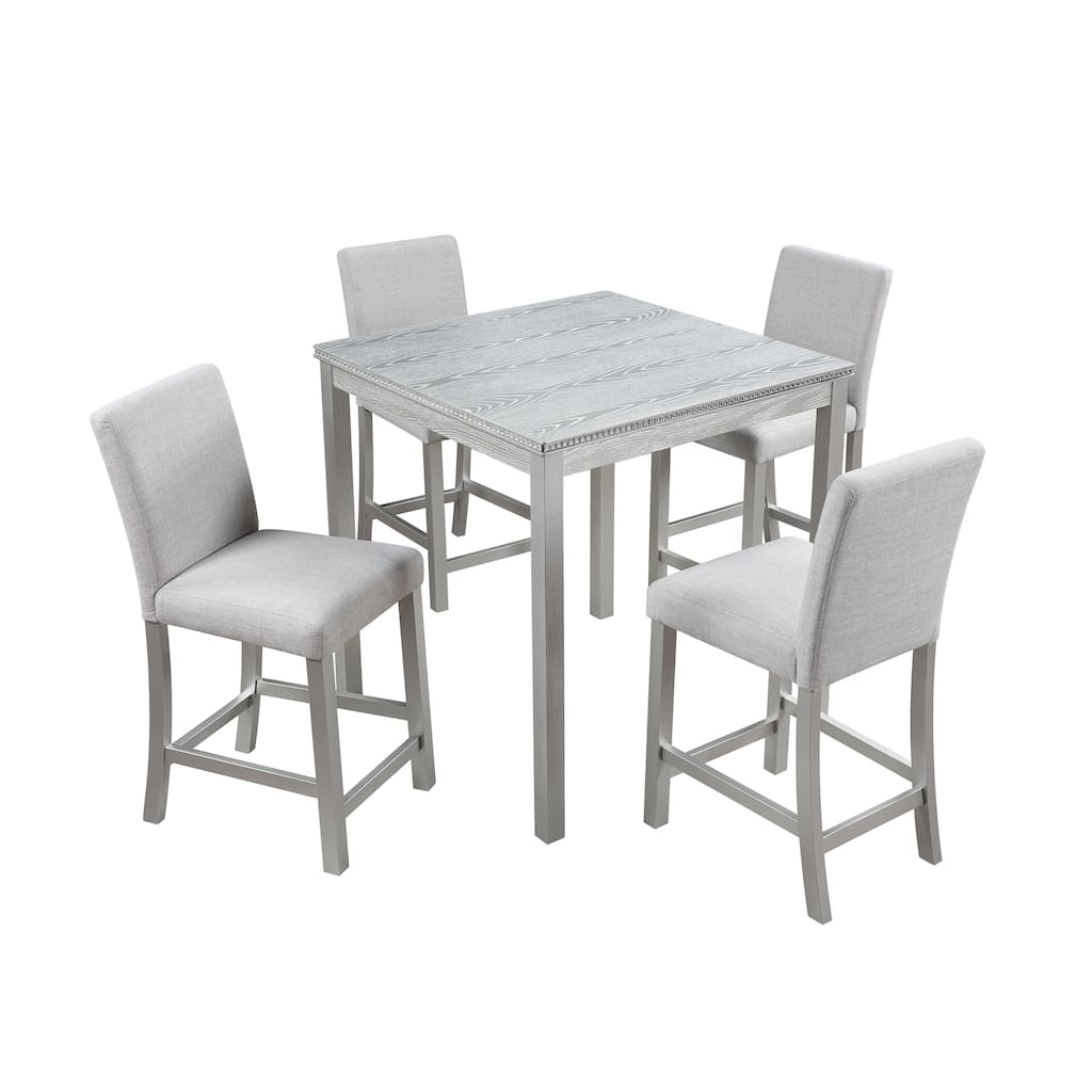 Counter Height Dining Table with Crystal Decoration, Upholstered Dining Chairs, Wood Table and Chairs Set