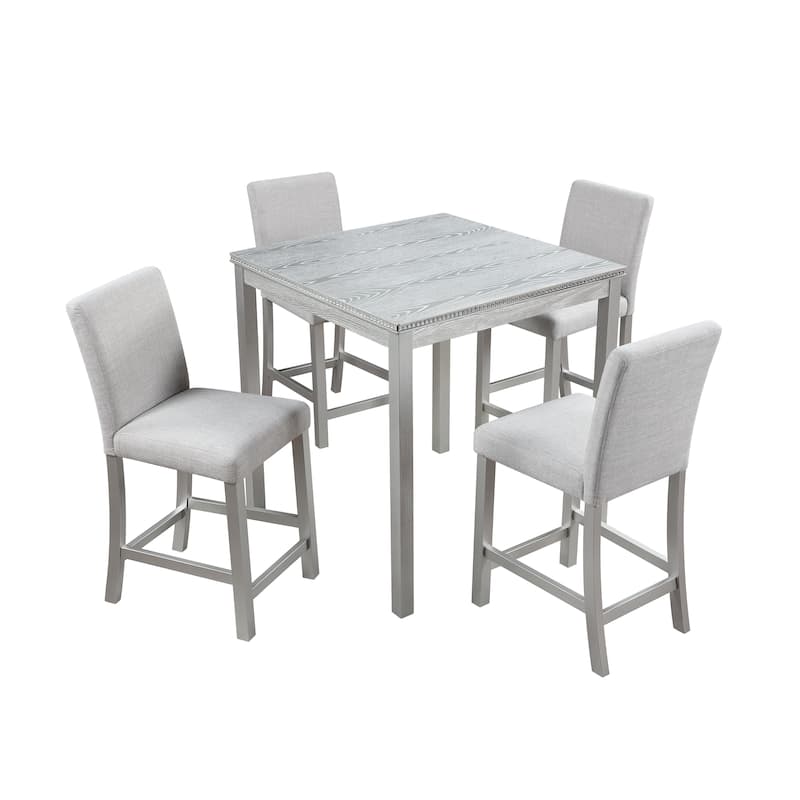 GDFStudio - Hamilton 5-Piece Classic Crystal Design Wooden Counter Height Dining Table Set with 4 Upholstered Chairs