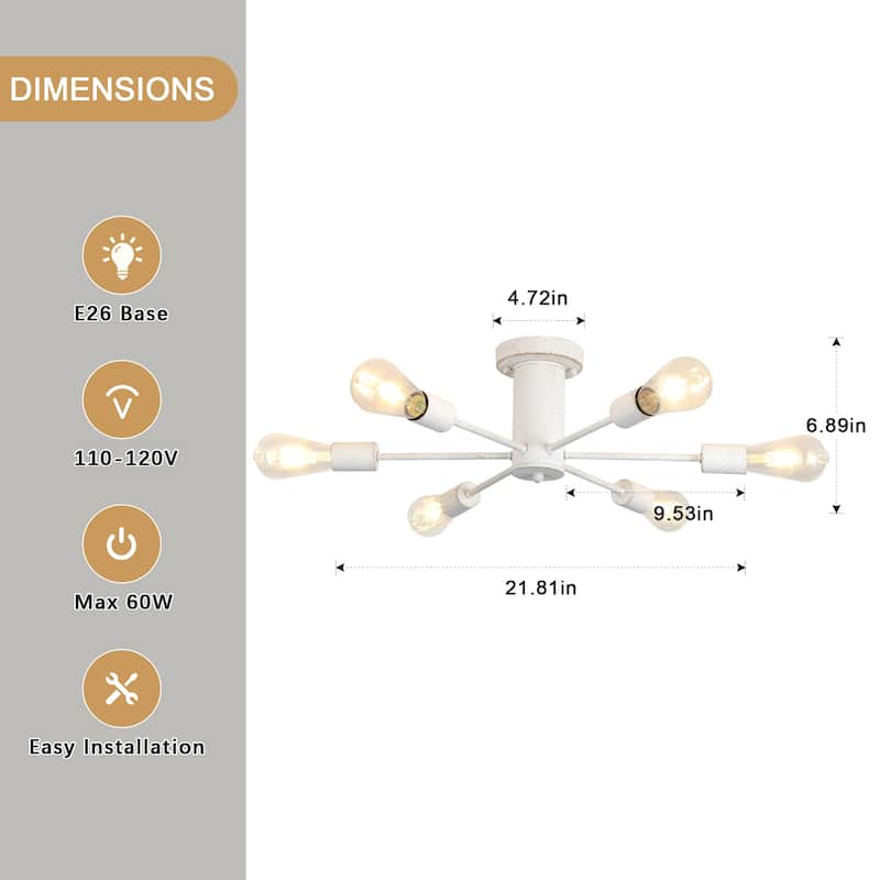6-Light Modern Industrial Sputnik Semi-Flush Mount Ceiling Light - N/A