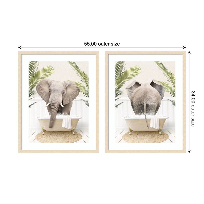 Kate and Laurel Elephant Palm Bathtub 2 Piece Framed Wall Art Print Set by Amy Peterson