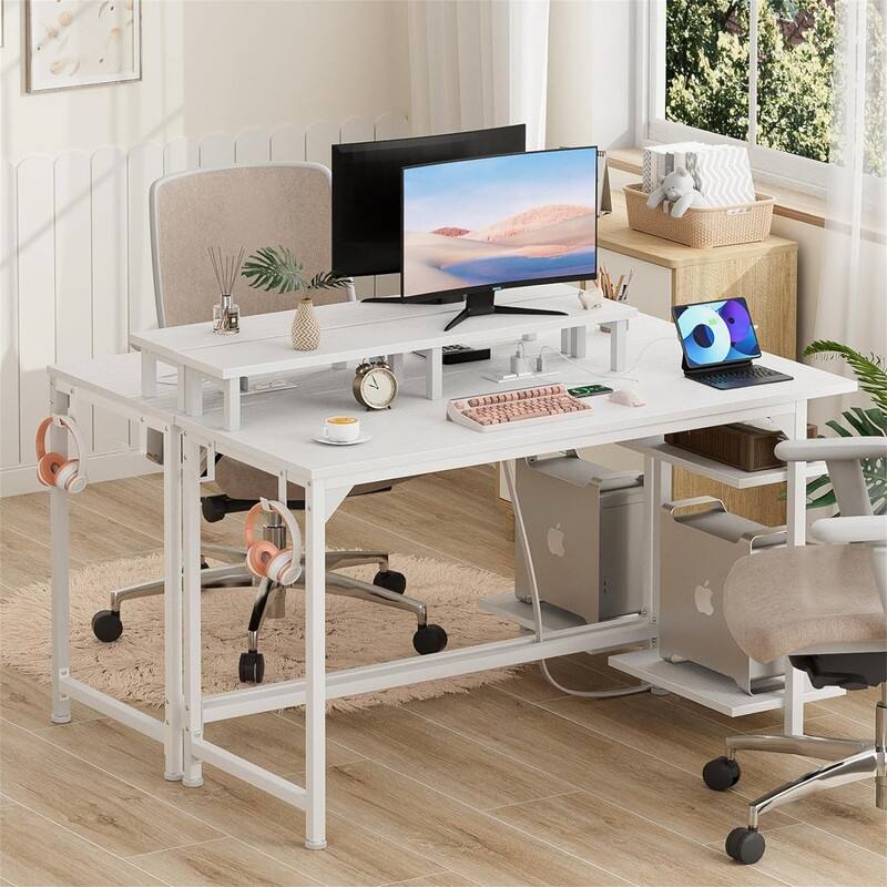 White Desk with Power Outlets and LED Lights - 18.9"D x 47.24"W x 29.53"H - White