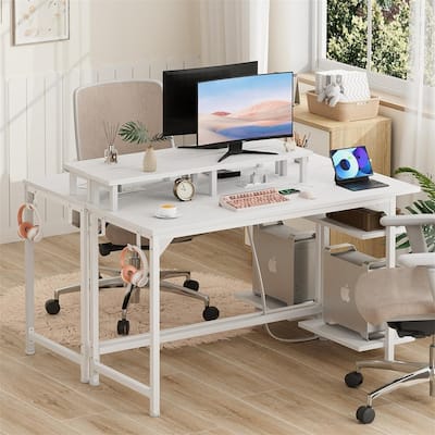 White Desk with Power Outlets and LED Lights