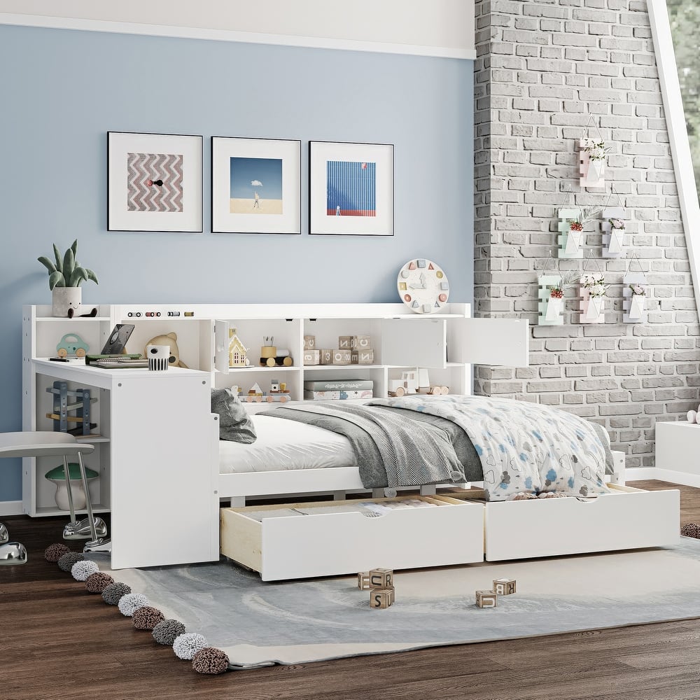 Multi-functional Daybed Wooden Platform Bed with Side Storage Cabinets and 2 Storage Drawers Underneath, Integrated Bookshelf