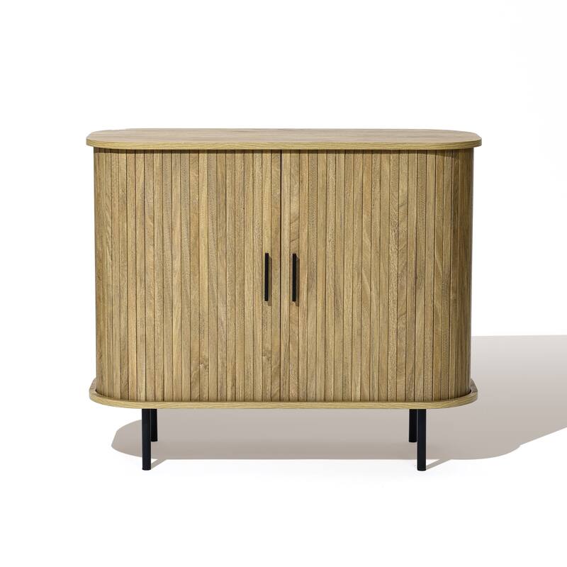 Mid-Century Modern 2-Door Accent Cabinet with Slatted Sliding Doors - 29.5" H x 35.4" W x 15.7" D - Oak