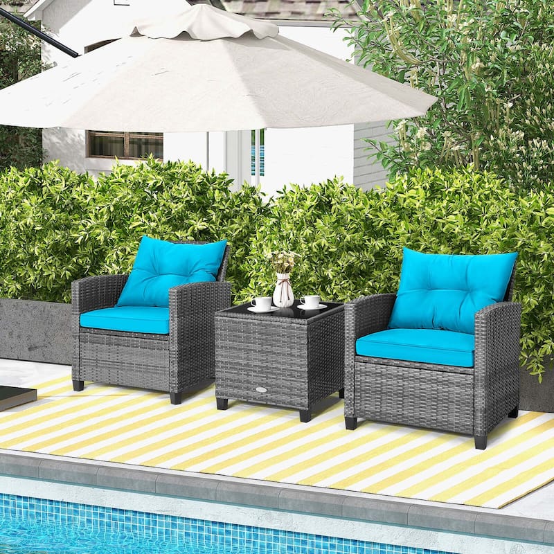 3PCS Patio Rattan Furniture Bistro Set Cushioned Sofas Side Table