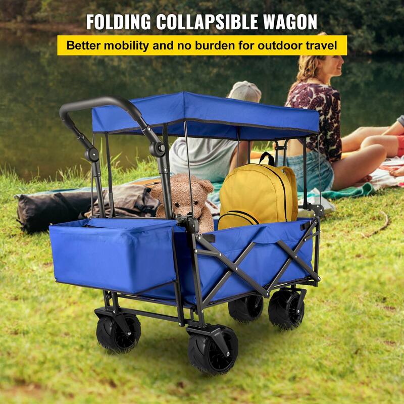 Steel 600D Oxford Folding Wagon 220lbs Cart w/ Canopy & Wheels - 39"x21.4"x39"