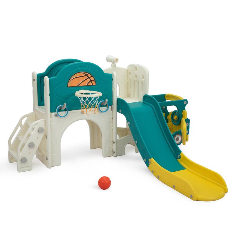 Bus-Themed 9-in-1 Kids Slide & Climbing Playset,Freestanding Castle Playhouse