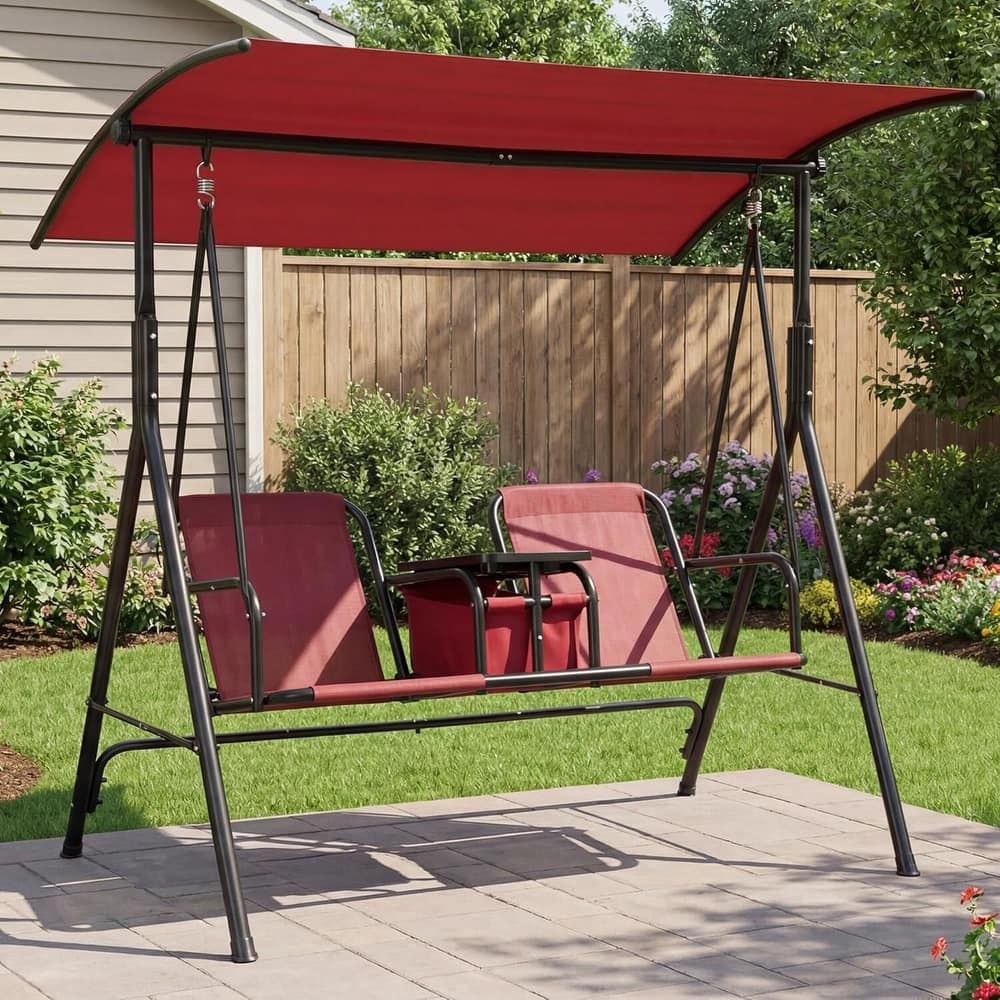 2 Person Porch Swing with Cup Holders with Adjustable Canopy for Backyard Balcony Poolside