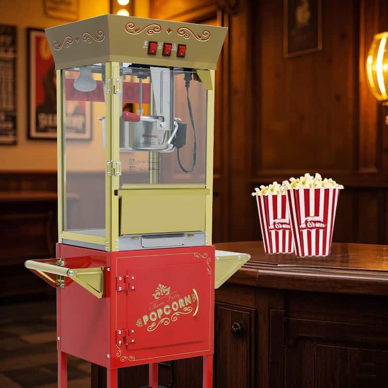 12oz Popcorn Machine Cart, Popcorn Cart with Wheels, Vintage Popcorn Machine with Stainless Steel Kettle