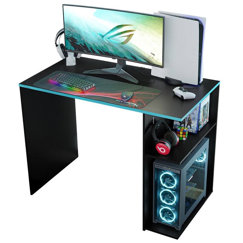 Madesa Gaming Computer Desk with 2 Shelves, Cable Management and Large Monitor Stand, Wood, 21" D x 39" W x 30" H - White