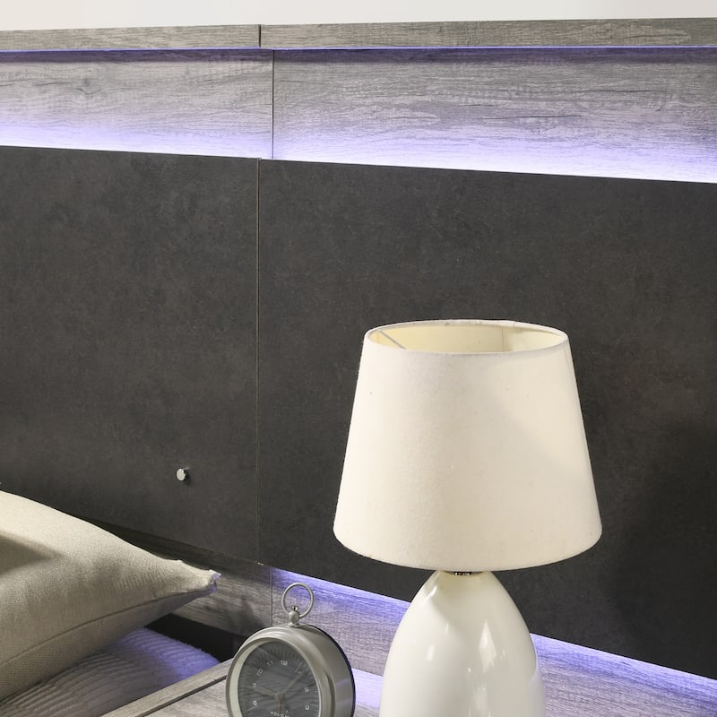 Roundhill Furniture Lenca LED Wallbed with Nightstands, Dresser, Mirror, and Chest - Weathered Gray