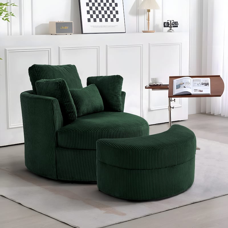 Upholstered Swivel Accent Chair with Wooden Tray Storage Ottoman