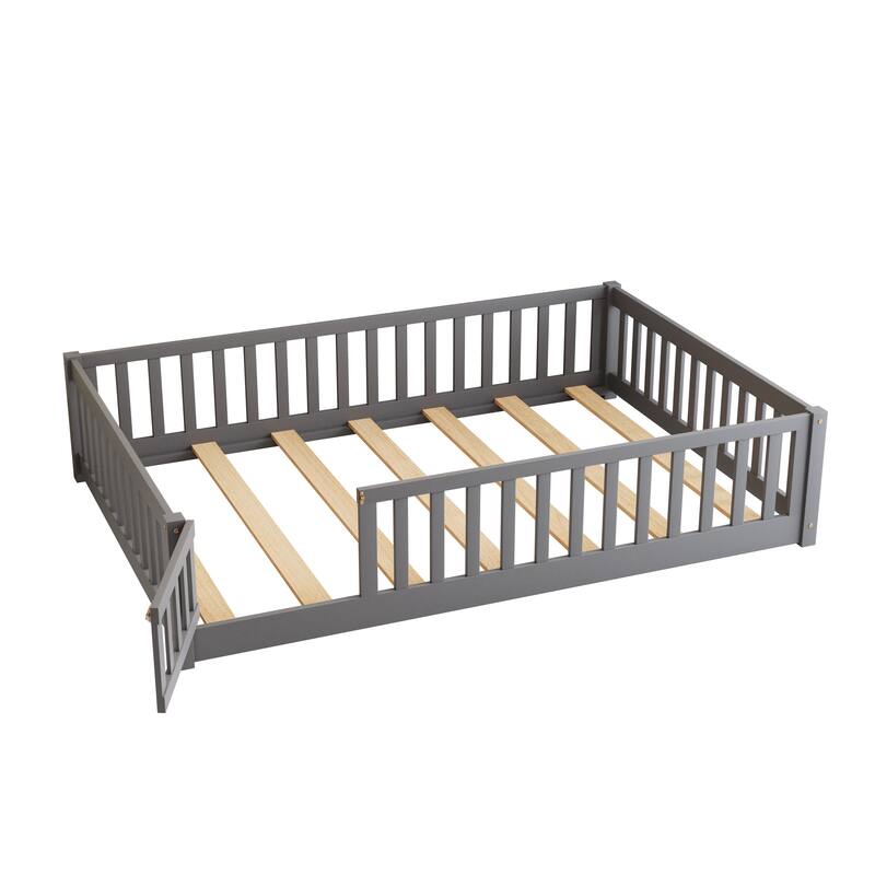 Floor Platform Bed with Fence Guardrails and Door