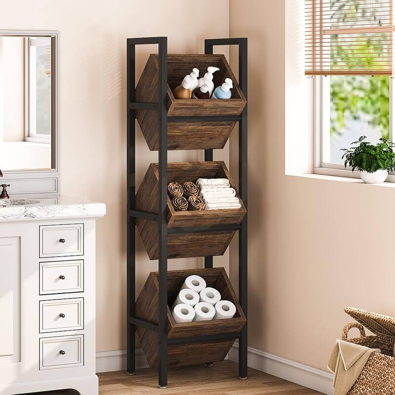 15" 3-Tier Basket Stand with Angled Baskets Brown & Black